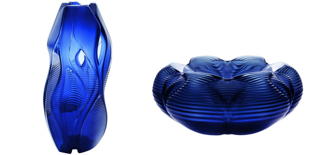 Lalique Zaha Hadid Manifesto Vase Midnight Blue Crystal Numbered Edition, Lalique Zaha Hadid Fontana Bowl Midnight Blue Crystal Numbered Edition