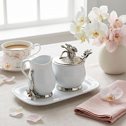 Сахарница и молочник на подносе "Орхидея" с ложкой 